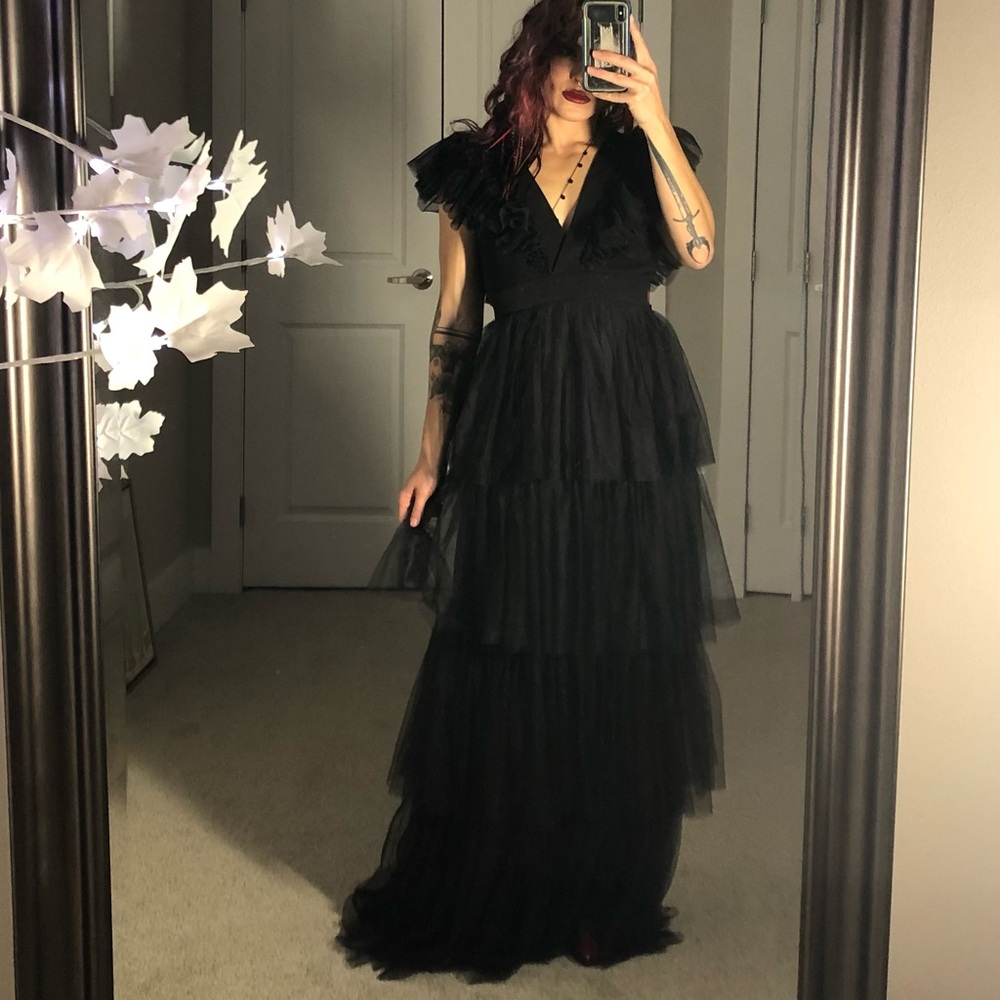 Wednesday Addams low cut ruffled black wedding gala gown dress